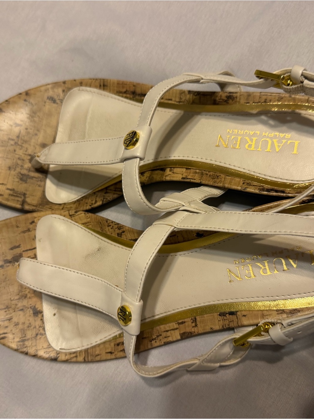 Lauren Ralph Lauren Cream T-Strap Cork-Trim Sandals with Gold Accent size 7